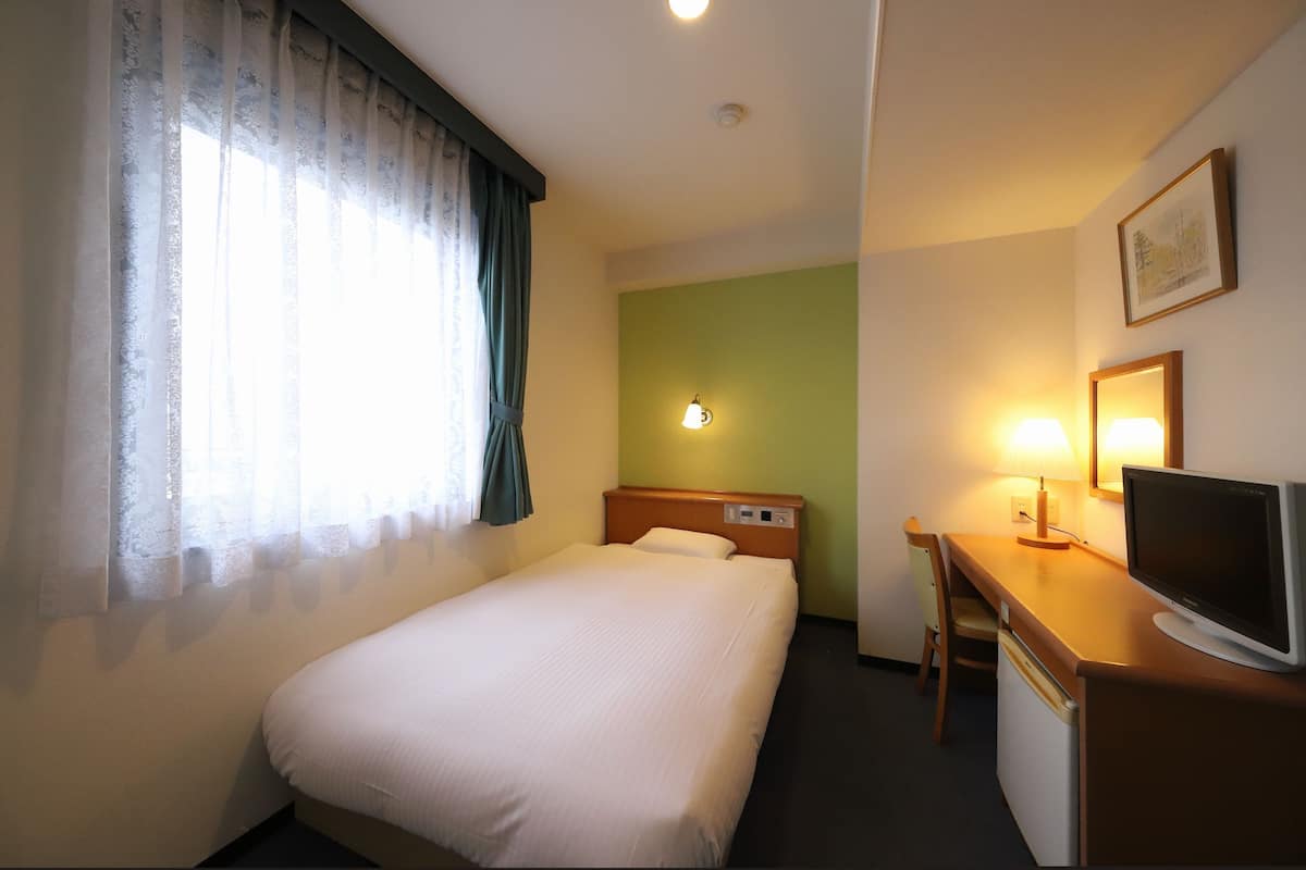 Een hotelkamer met een bed, een bureau met een televisie, een stoel en een raam met gordijnen.