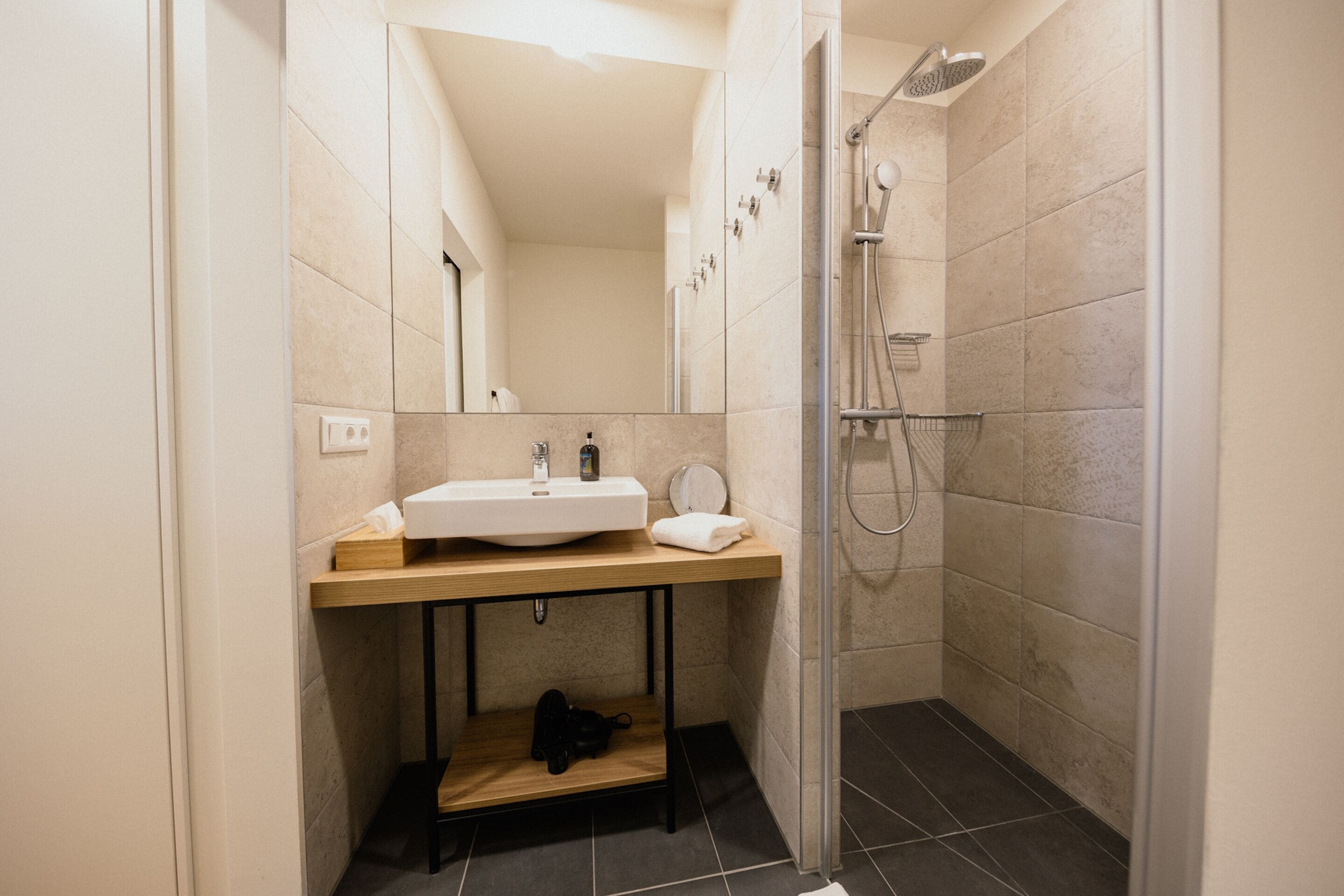 shower, rainfall showerhead, free toiletries, hair dryer