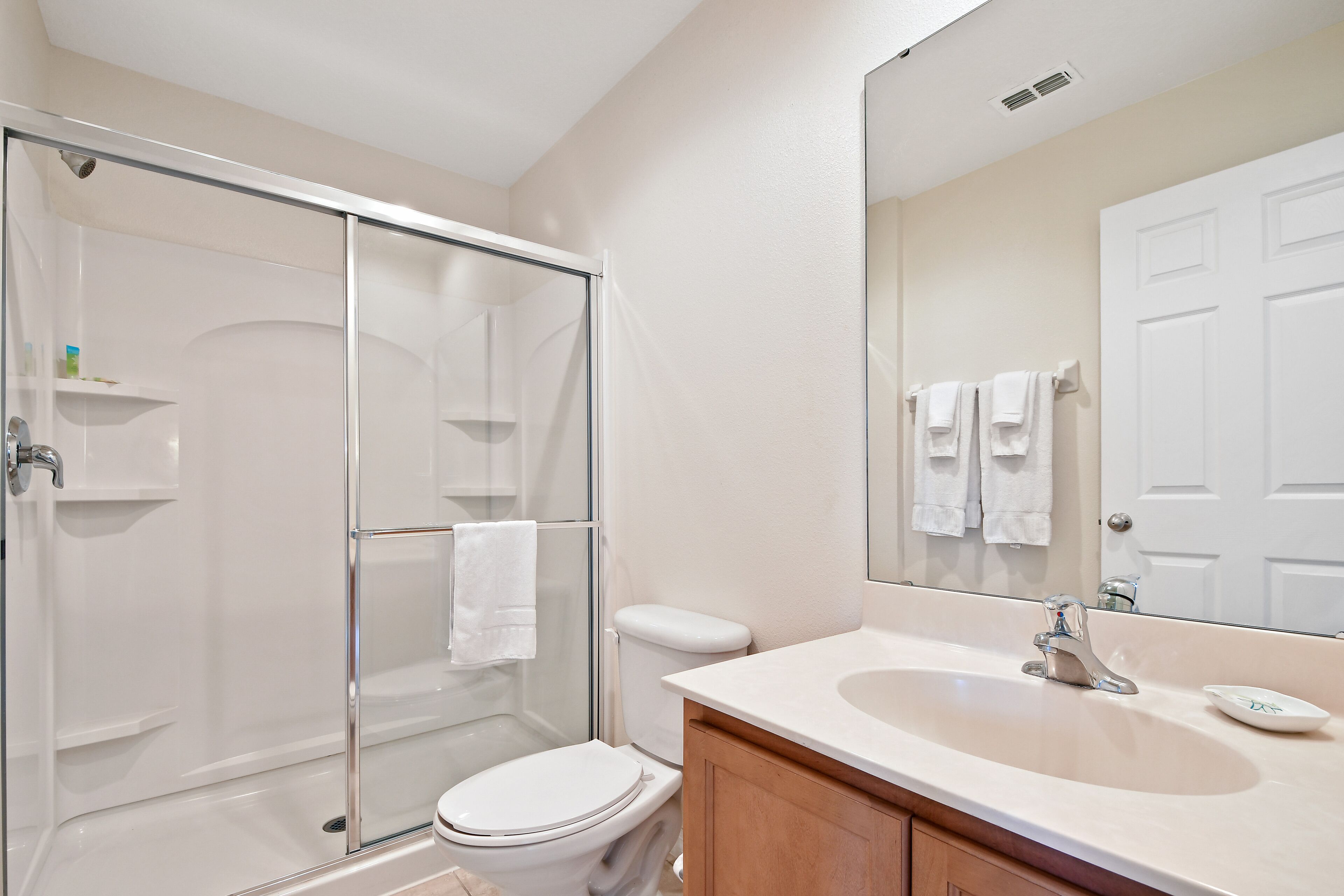 A bathroom with a glass-enclosed shower, a white toilet, a sink with a mirror, and a door with a towel rack.