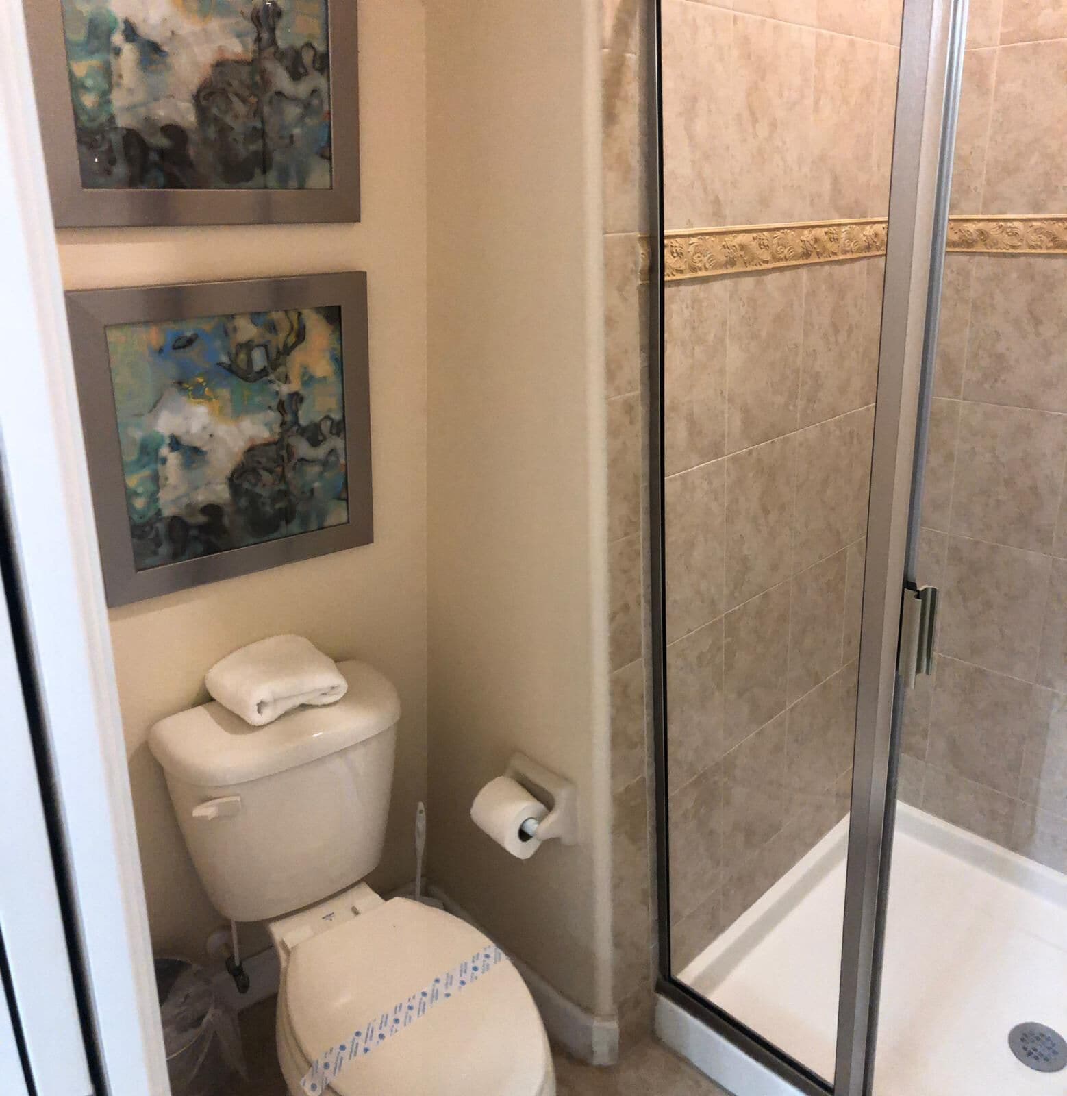 A bathroom with a toilet, a glass shower enclosure, and two framed abstract paintings on the wall.