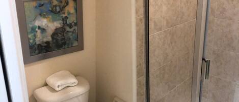 A bathroom with a toilet, a glass shower enclosure, and two framed abstract paintings on the wall.