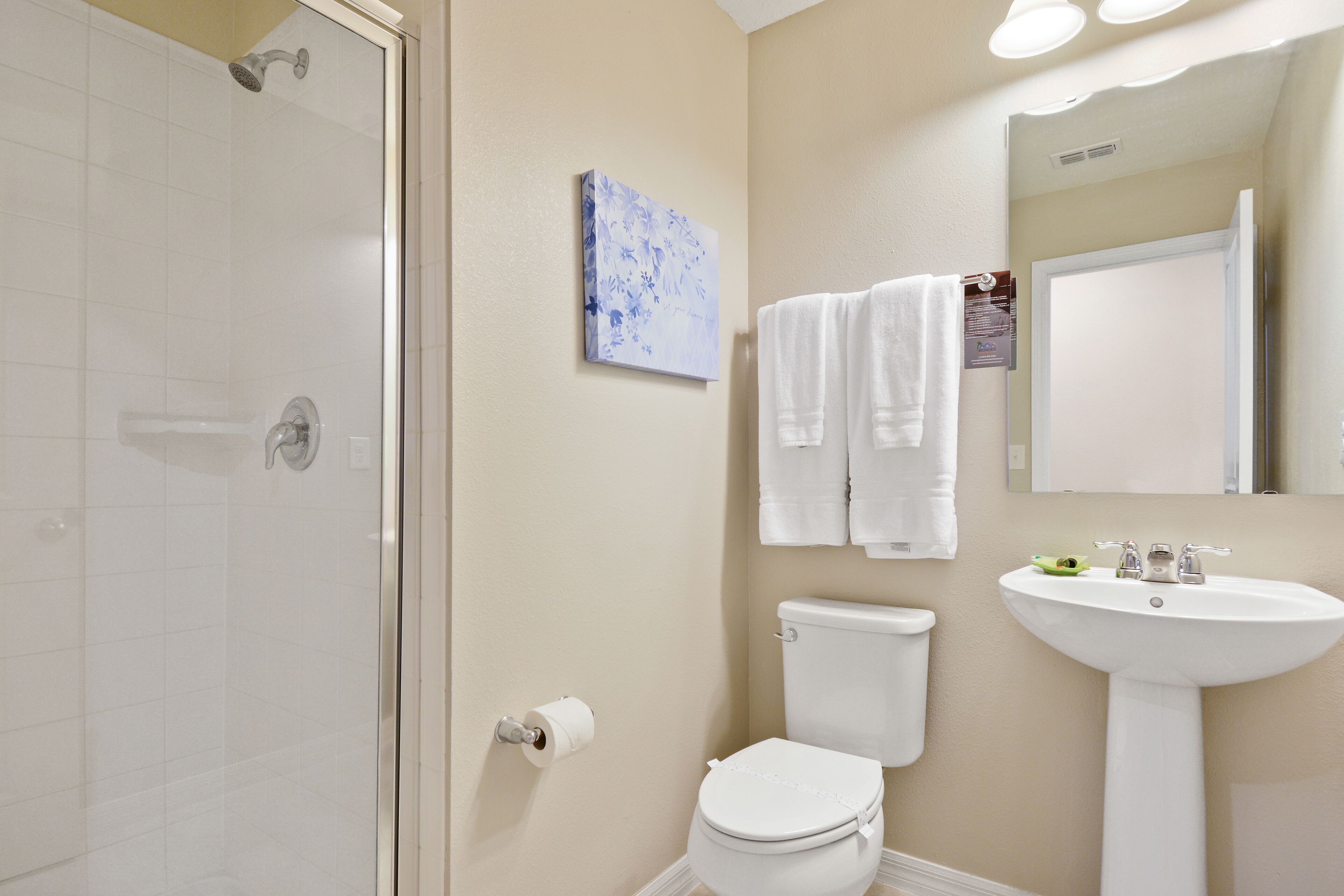 A bathroom with a glass shower enclosure, a toilet, a sink, and a wall-mounted mirror.