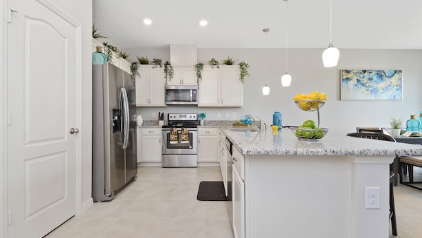 A modern kitchen with white cabinetry, stainless steel appliances, a marble countertop, and decorative plants. - Amazing 4 Bedroom Close to Disney @Compass Bay Resort 5161 (Kissimmee)