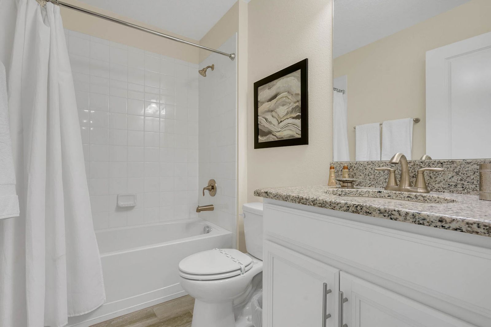 A bathroom with a shower, toilet, sink, and a framed artwork on the wall.