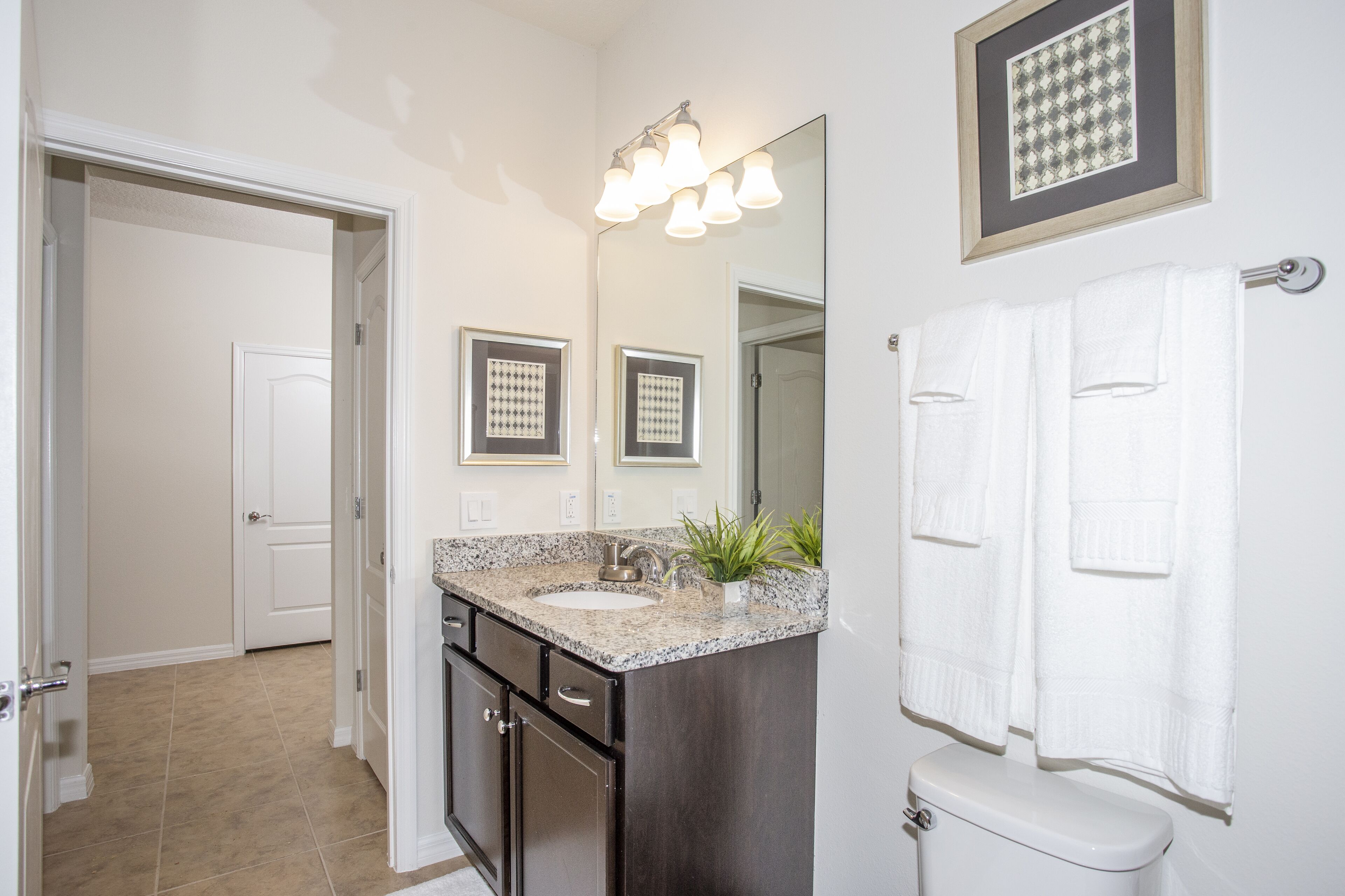 A bathroom with a granite countertop sink, a dark cabinet, a white toilet, and a mirror with a light fixture.