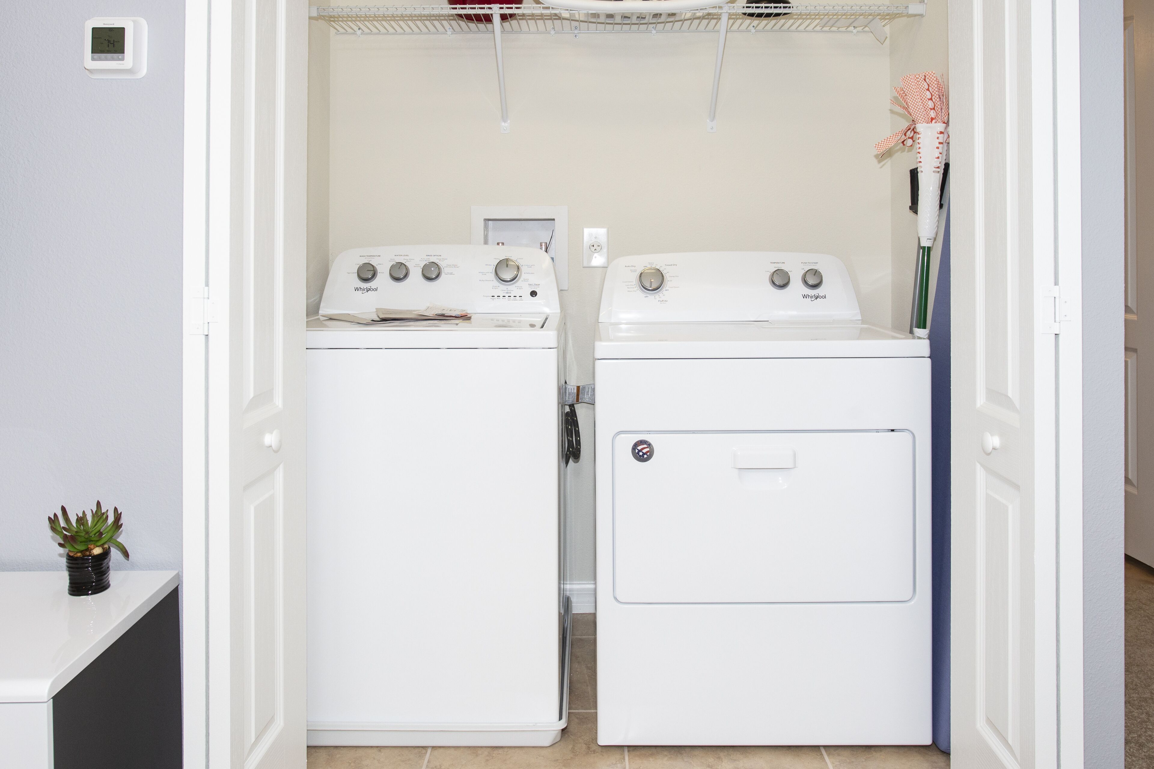 A laundry room with two white front-loading washing machines and a small potted plant on a table.