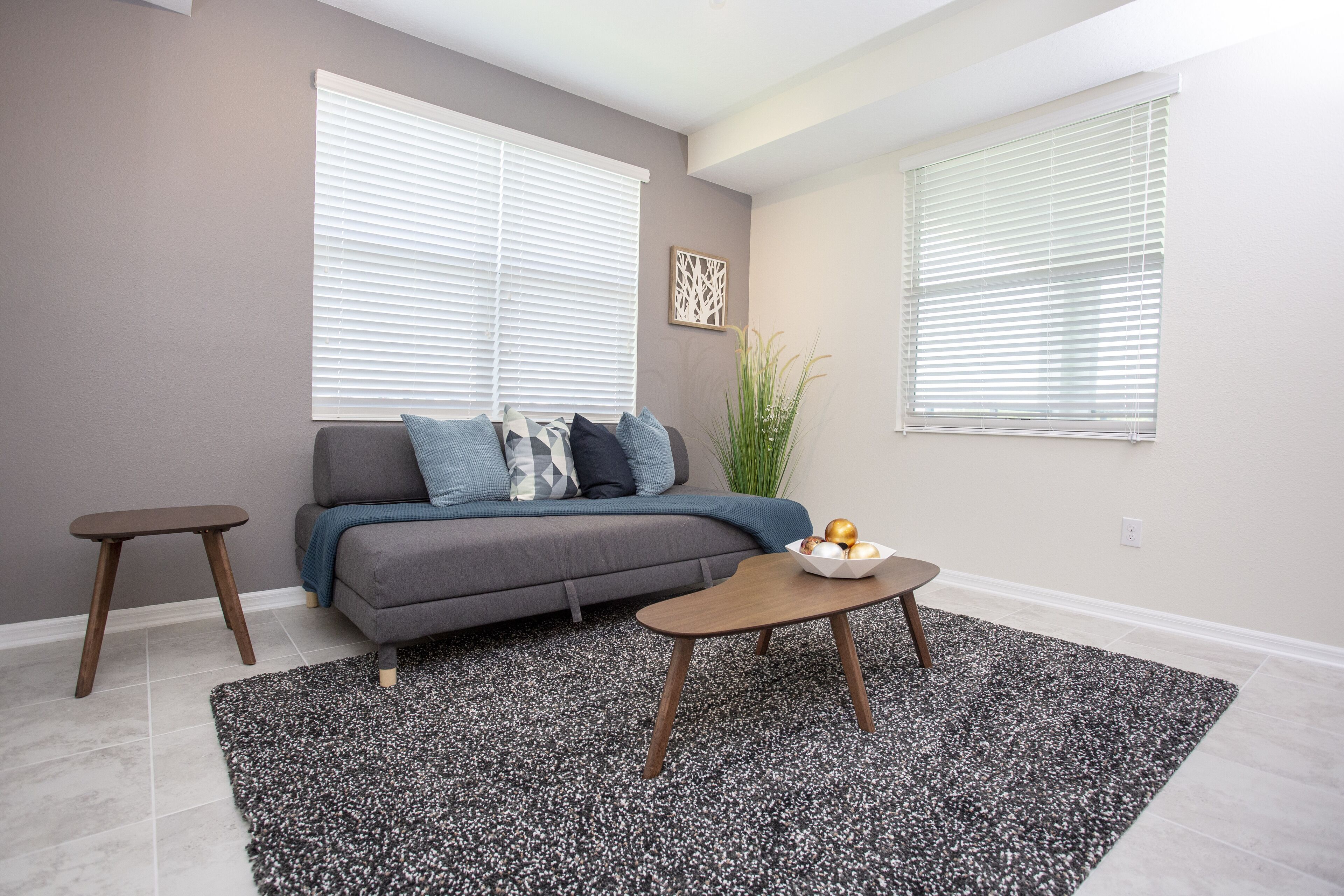 A living room with a grey sofa, a small wooden table, and a black and white speckled rug.