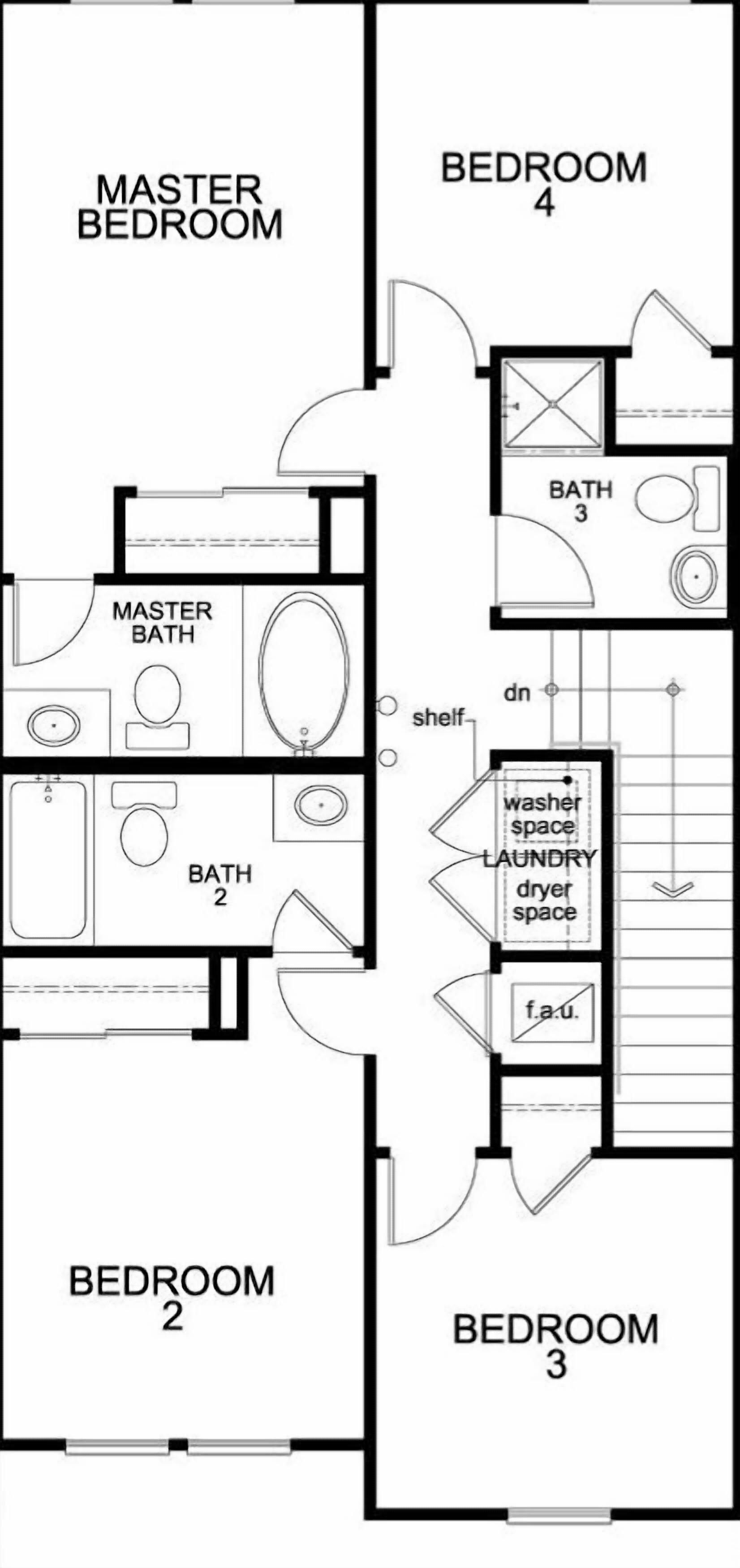 Plano de planta de un hotel con tres dormitorios, un dormitorio principal y dos baños.