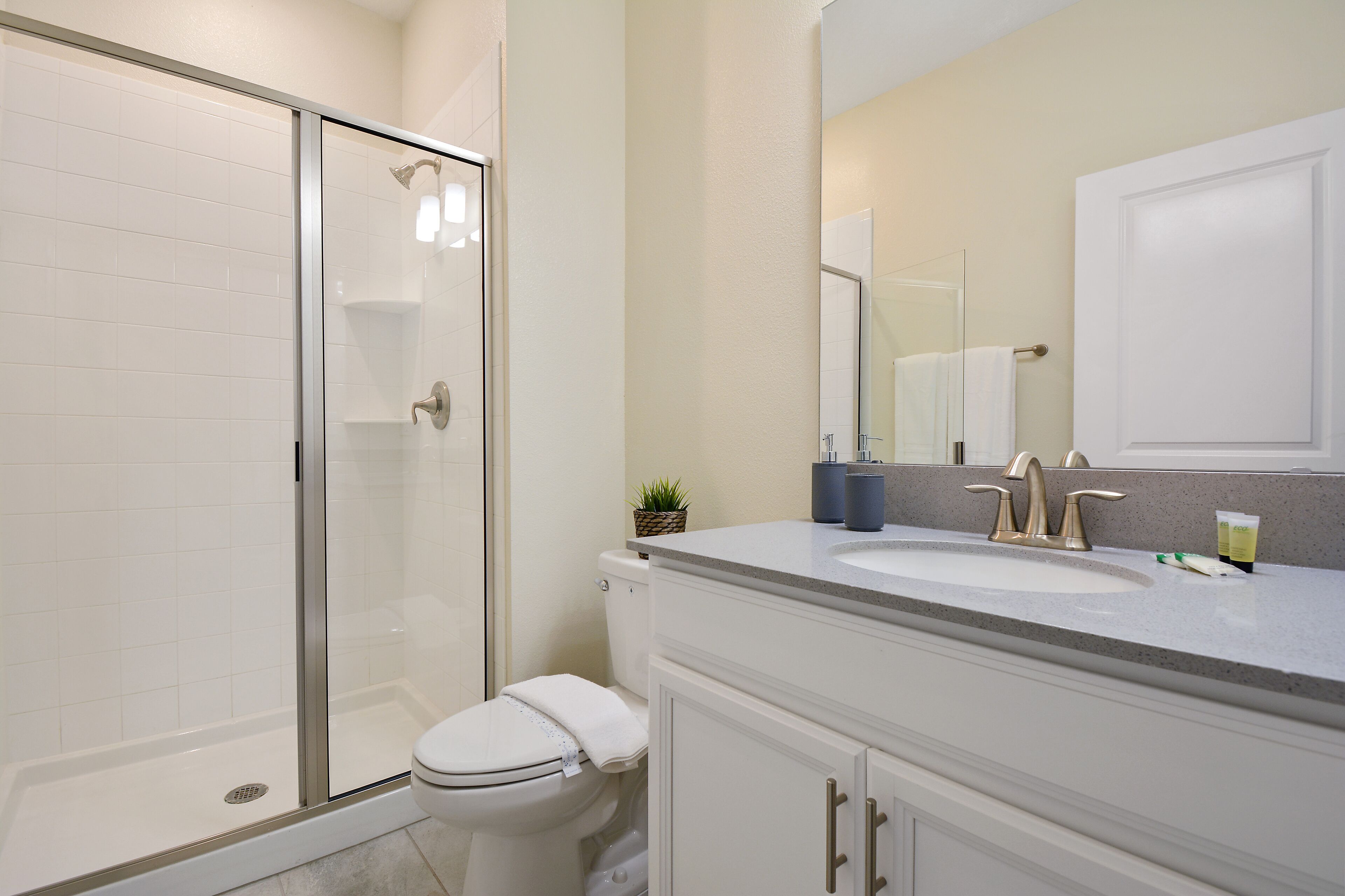 Une salle de bain avec une douche à parois de verre, des toilettes, un lavabo avec un miroir et un meuble de rangement.