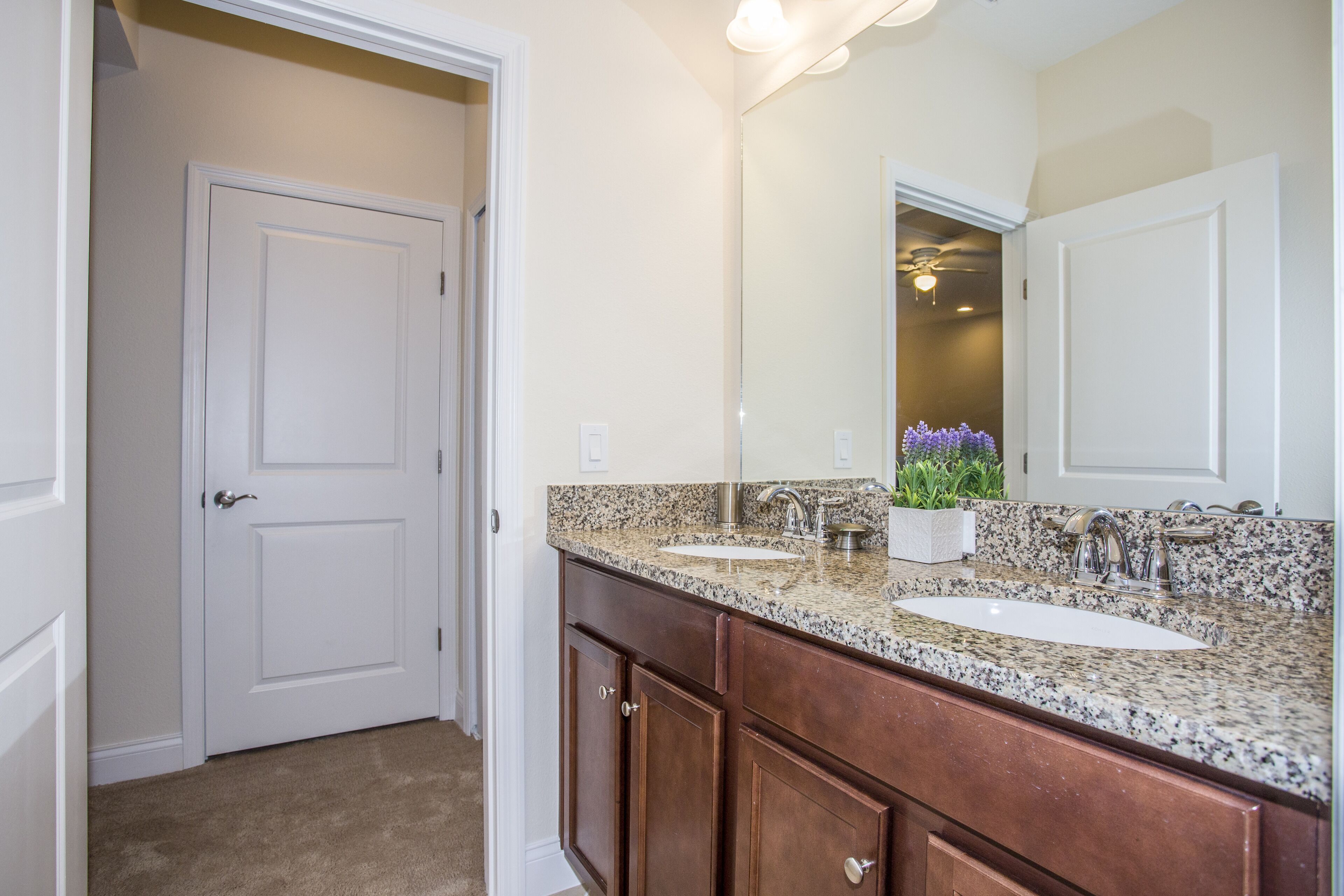A bathroom with two sinks, a large mirror, and wooden cabinets.