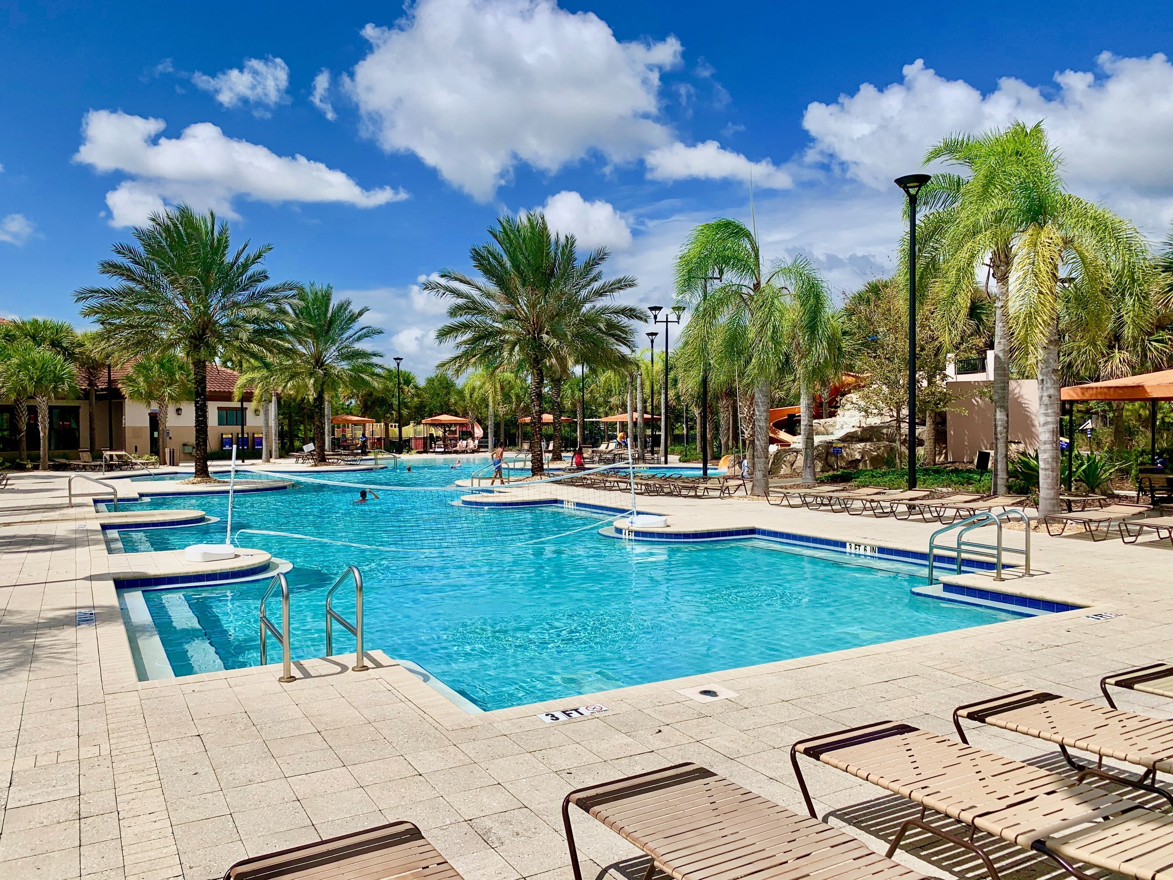 A large outdoor swimming pool with multiple lanes, surrounded by palm trees and lounge chairs.
