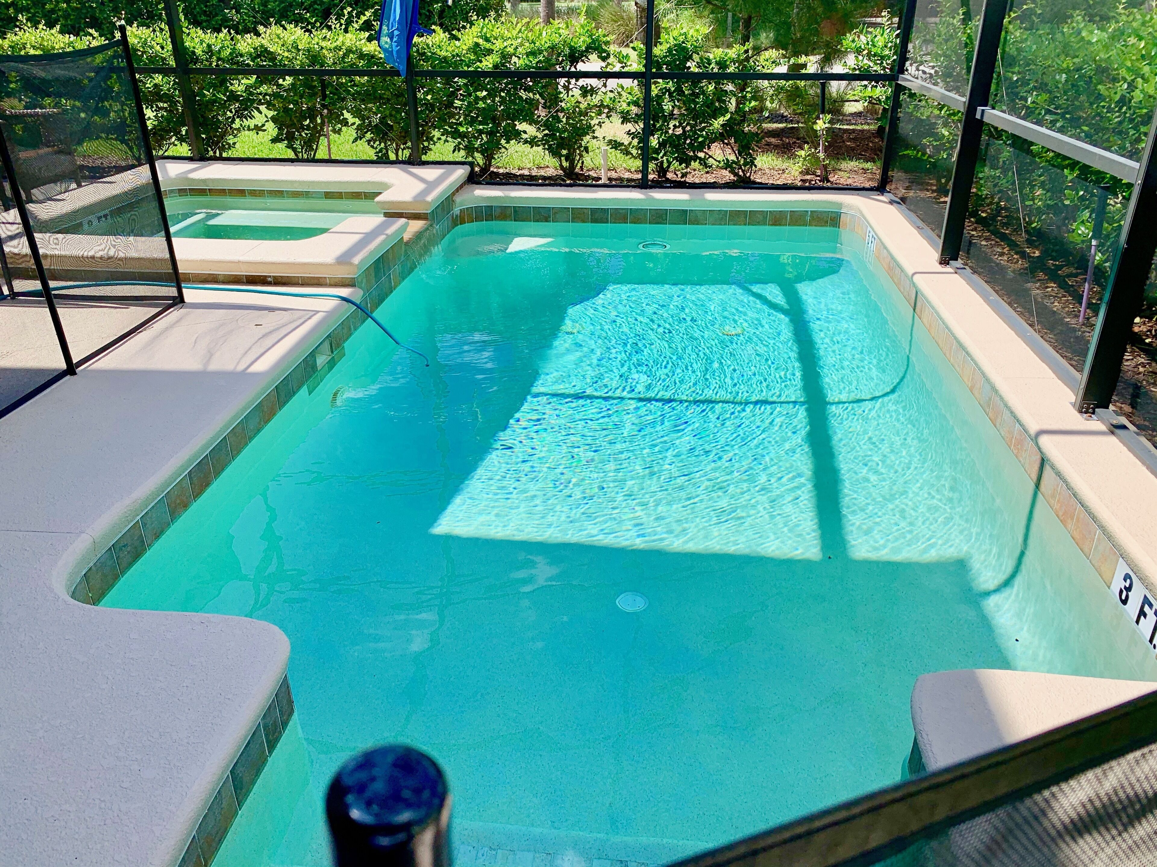 A swimming pool with a tiled edge, surrounded by a fence and greenery.