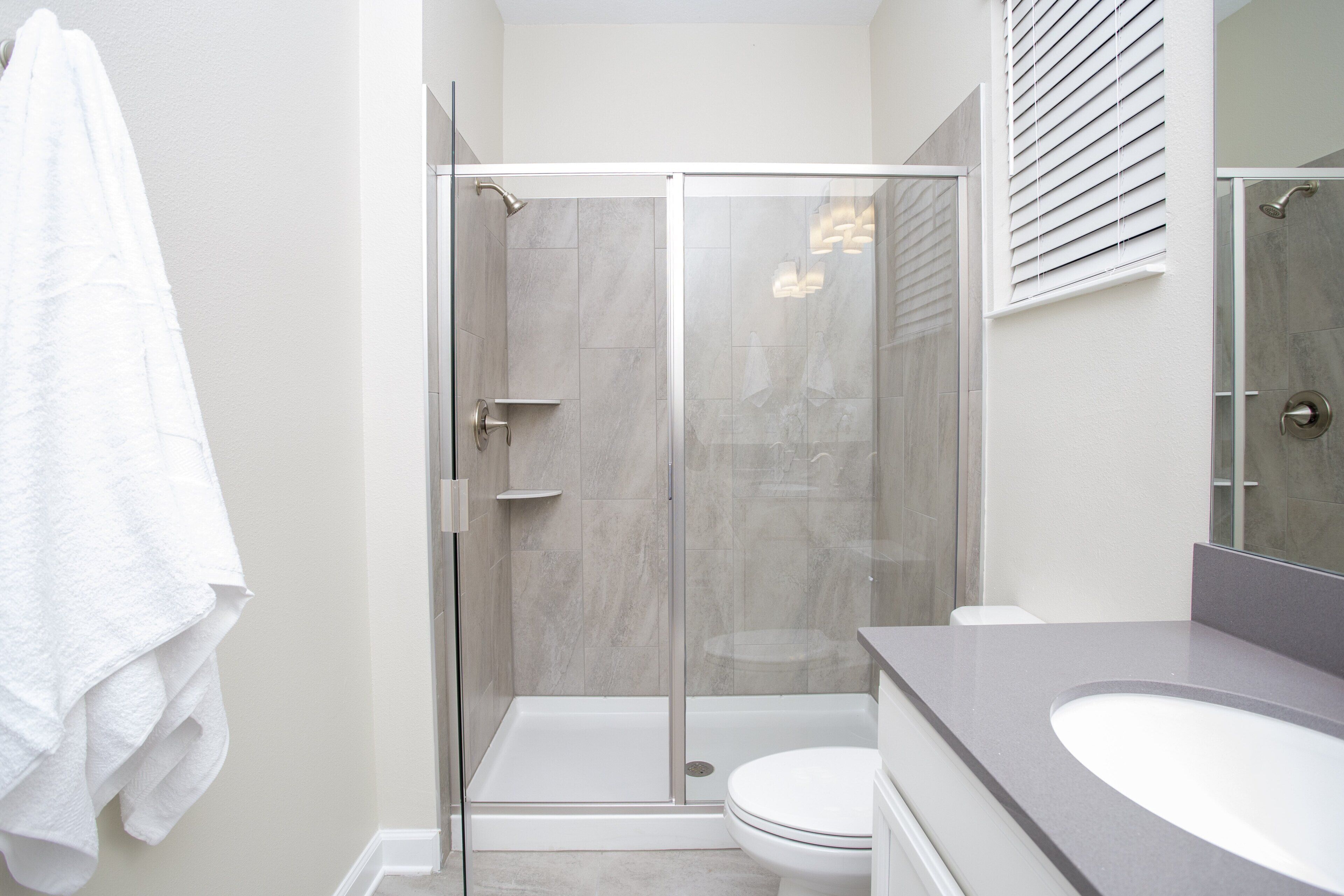 A modern bathroom with a glass-enclosed shower, a white toilet, and a large sink.