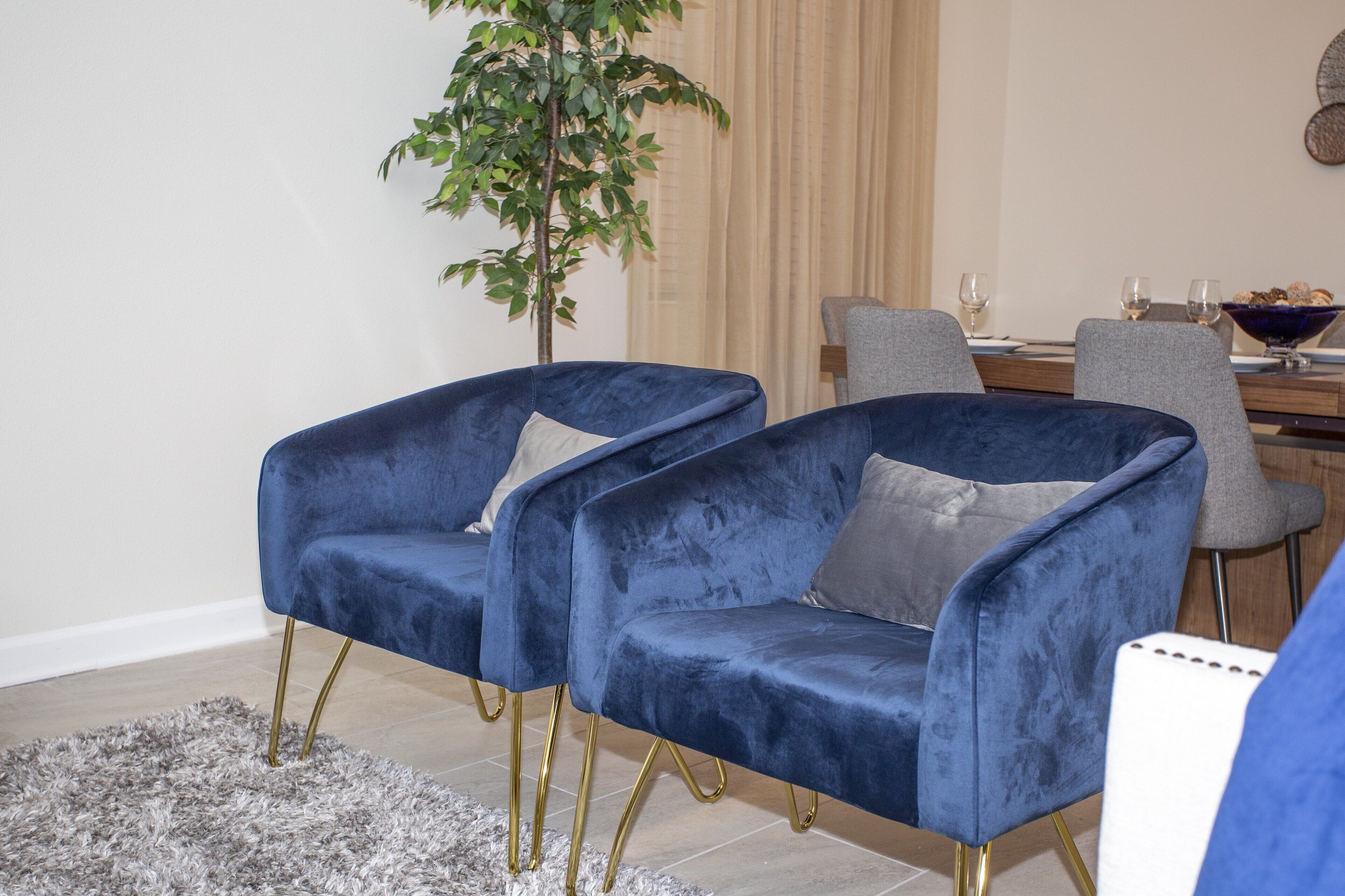 Un salon moderne avec deux fauteuils bleus en velours, un canapé gris, une table à manger avec des chaises et une plante en pot.