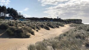 Une plage de sable avec des dunes et un sentier menant à une falaise.