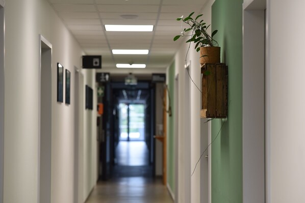 A hallway with a green wall, a wooden plant holder, and a sign on the wall. - Hotel Garni Fischerfleck (Ismaning)
