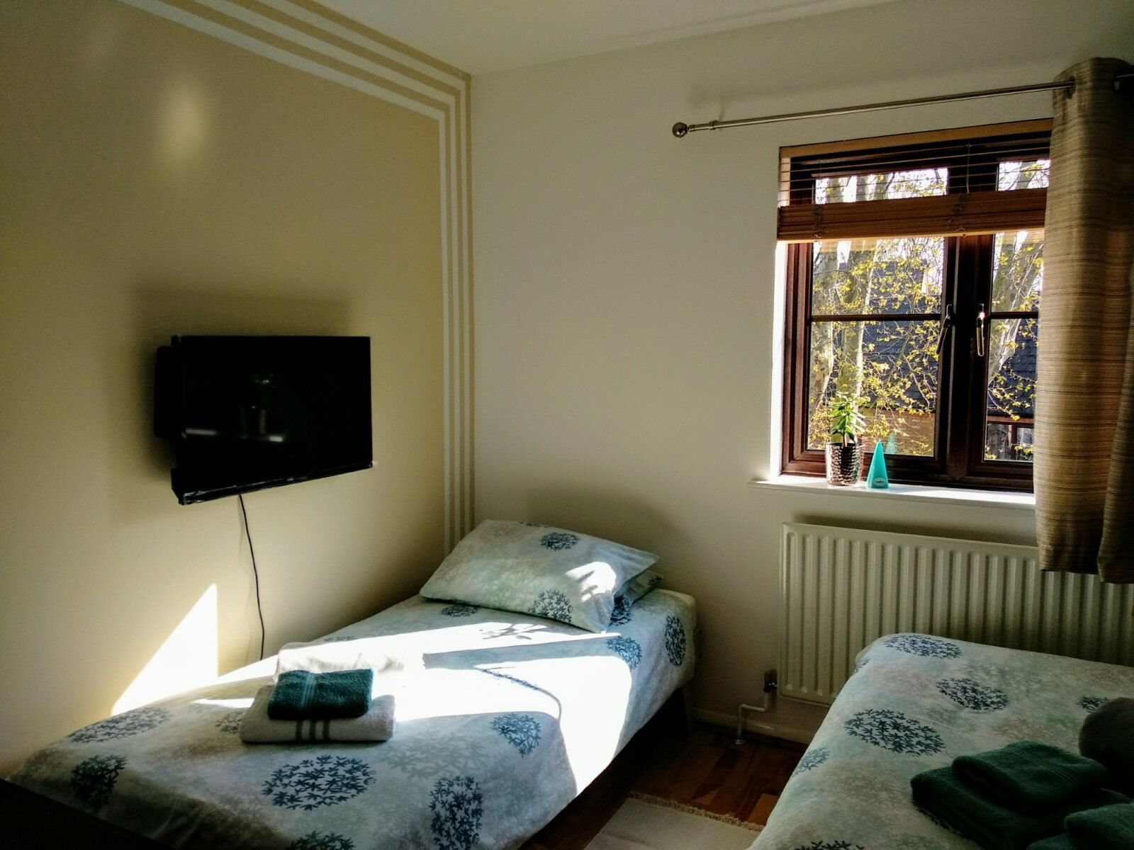A small, well-lit room with two single beds, a television mounted on the wall, and a window with a view of trees.