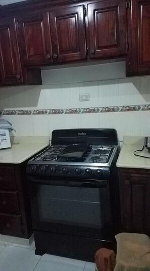 Fridge, microwave, oven, coffee/tea maker
