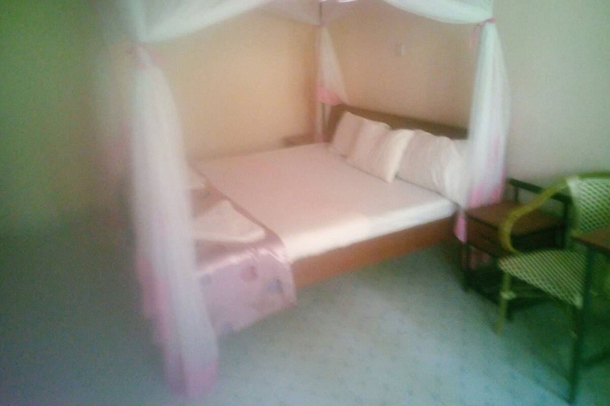 A single bed with a canopy, a bedside table, and a chair in a room with plain walls.