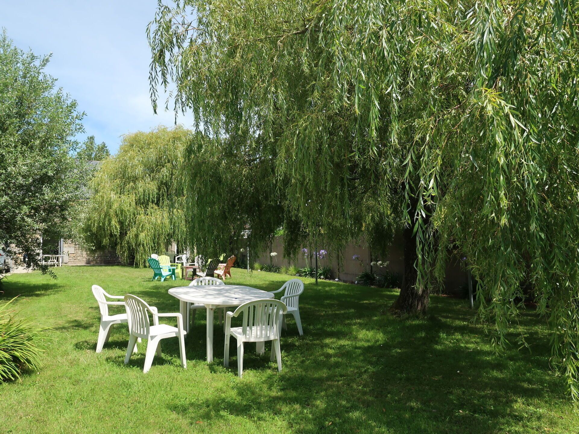 Un jardin avec une table ronde et des chaises en plastique blanc, entouré d’une végétation luxuriante et d’un saule pleureur.