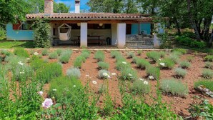 Ein Haus mit Ziegeldach, einem Steinkamin und einem Garten mit verschiedenen Pflanzen und Blumen.