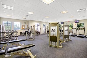 A gym with various exercise equipment, including treadmills and weight machines. - Luxury Condo Penthouse Oasis (Bonita Springs)