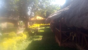 Una estructura rústica con techo de paja y valla de madera, rodeada de un área verde con un banco y un árbol.