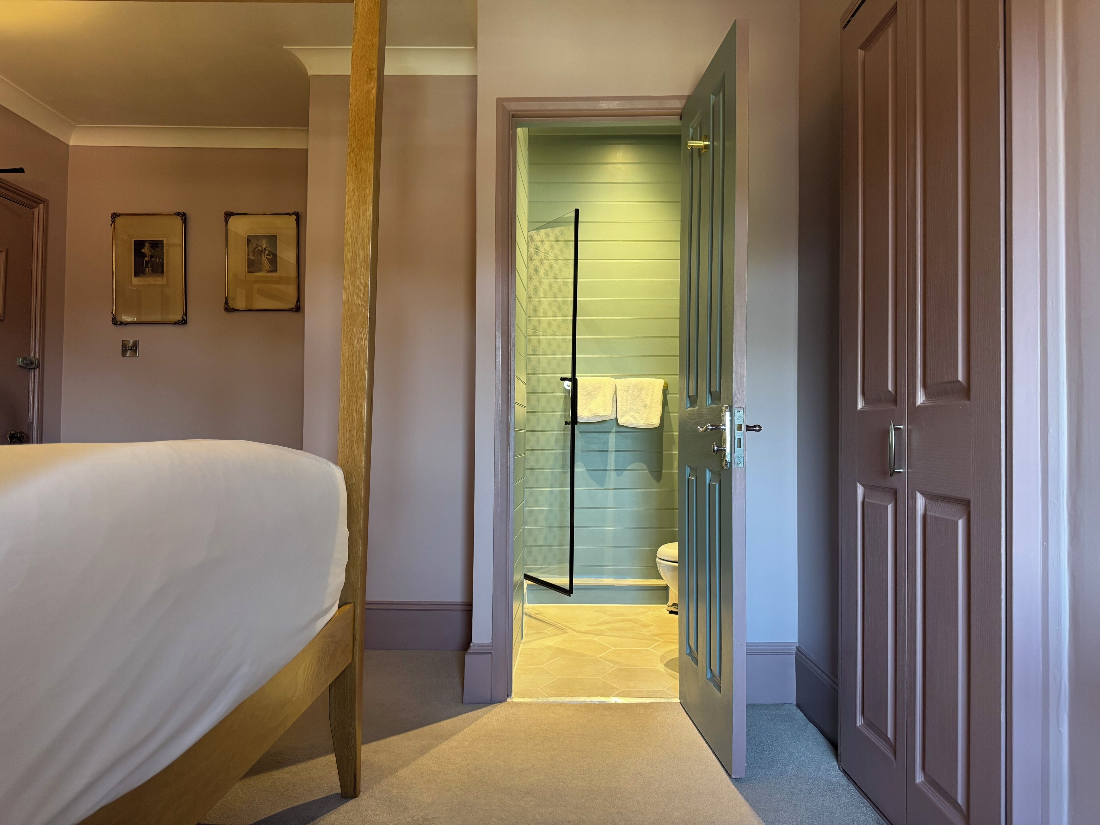 A bedroom with a bed, a door leading to a bathroom with a shower, and a toilet.