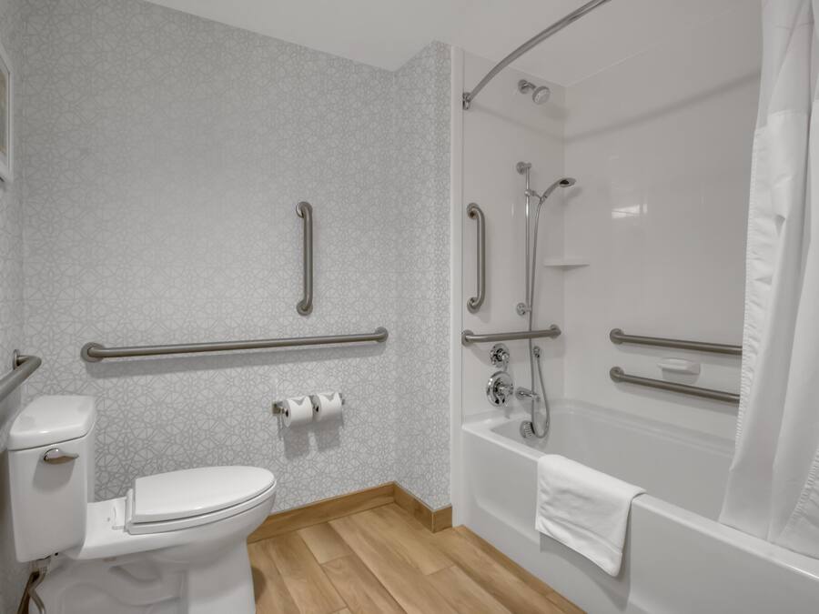 A bathroom with a toilet, a shower, and handrails.