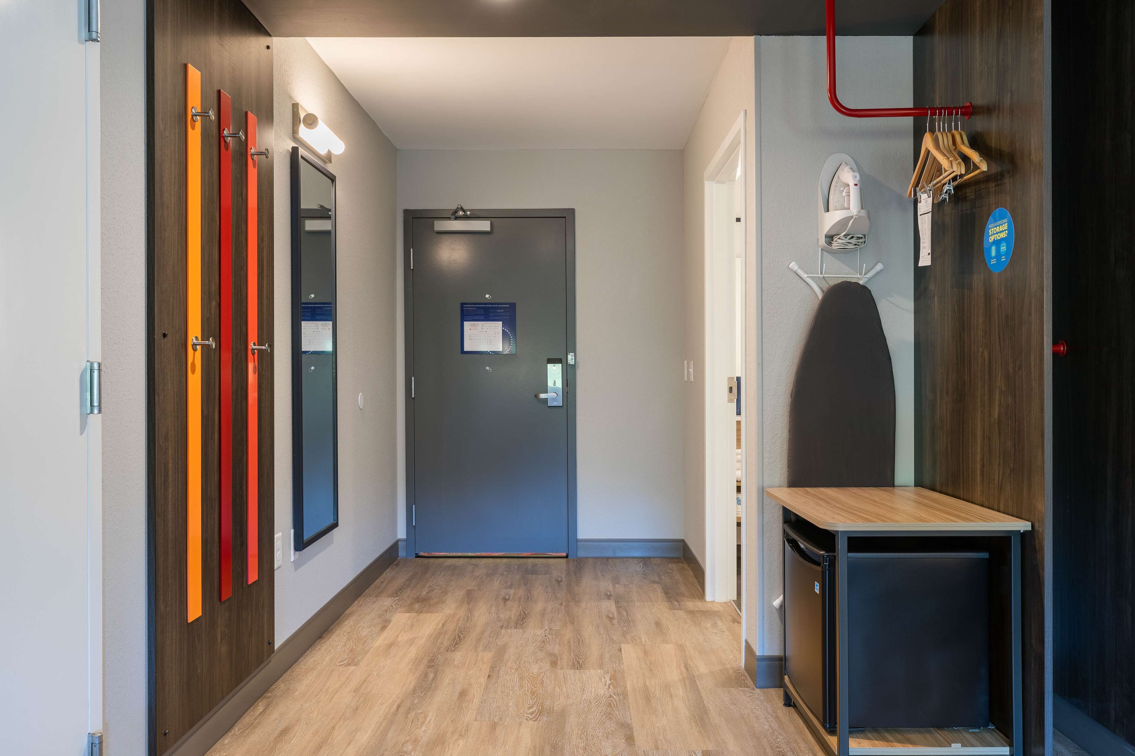 hypo-allergenic bedding, desk, laptop workspace, blackout curtains