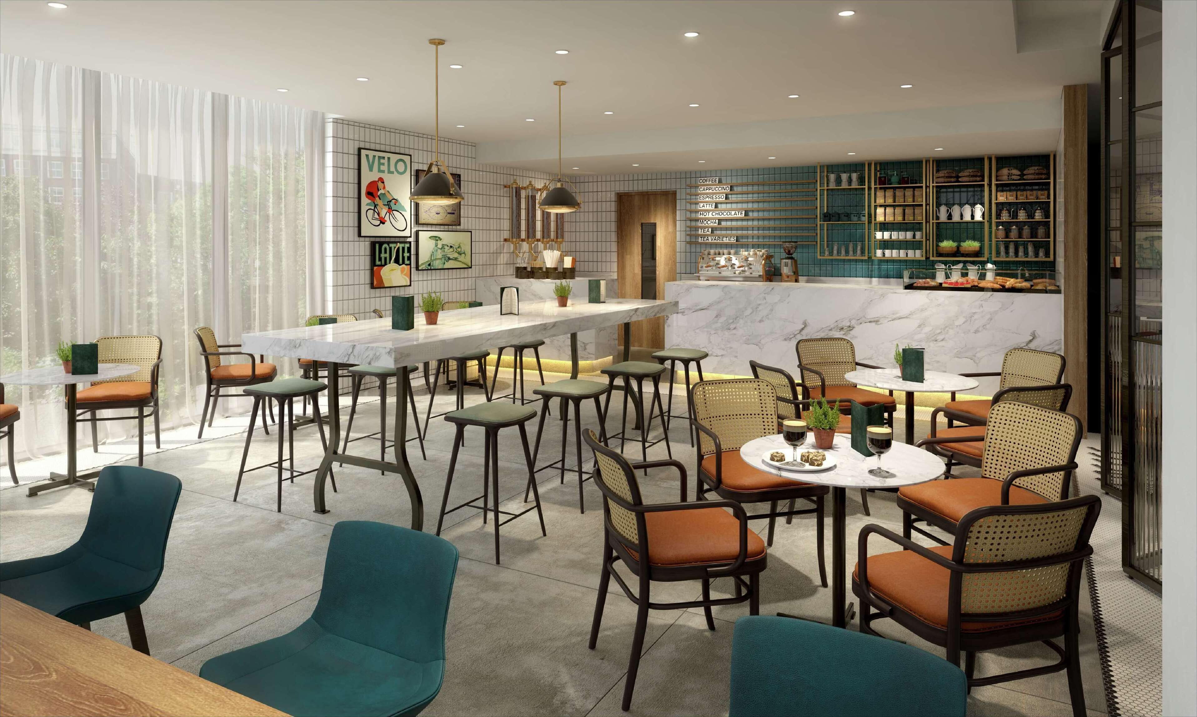 A modern cafe with a marble bar, wicker chairs, and a menu on the wall.