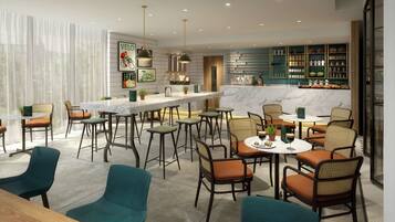 A modern cafe with a marble bar, wicker chairs, and a menu on the wall.