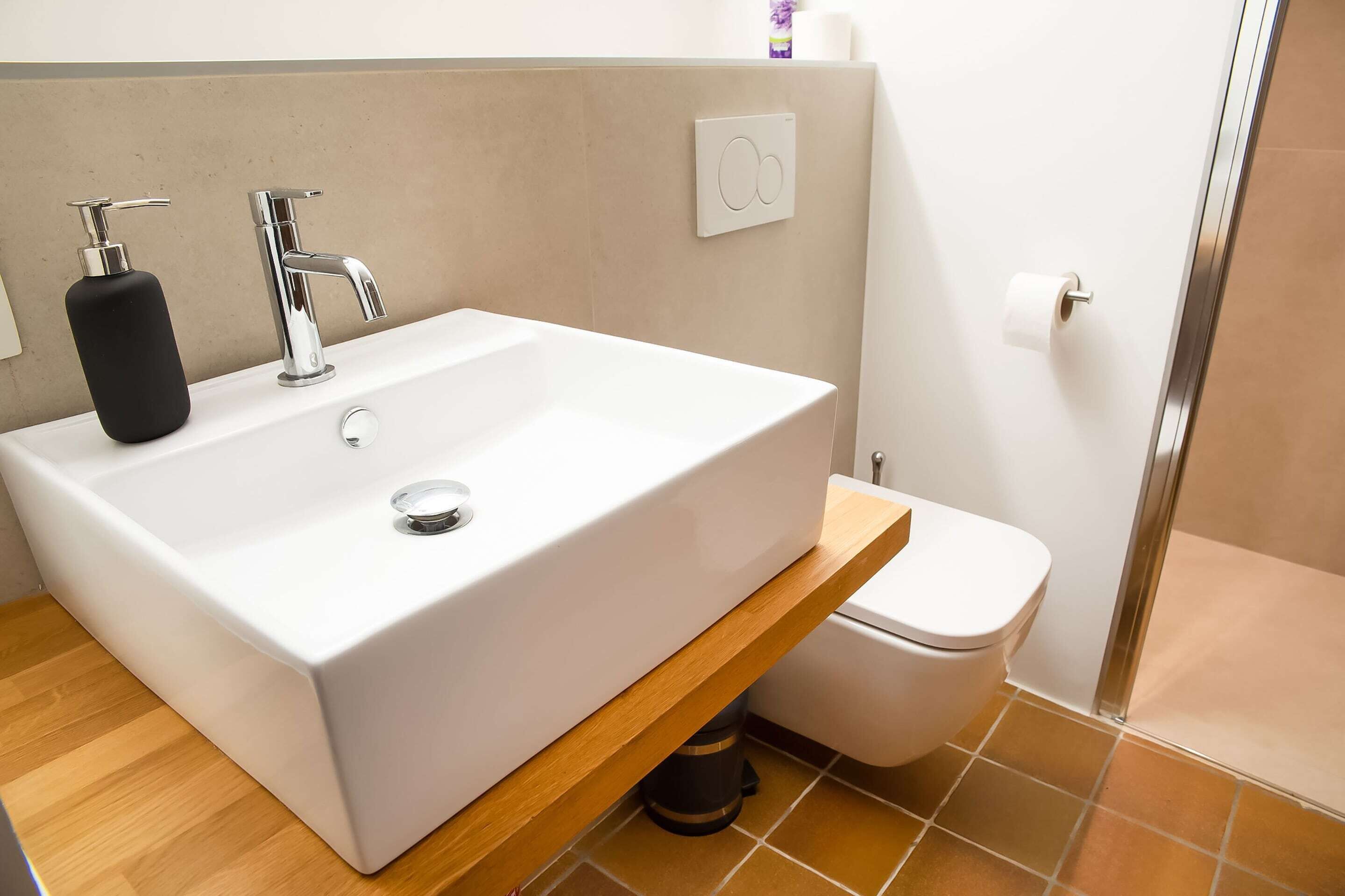Une salle de bain avec un lavabo blanc, un distributeur de savon noir, un robinet chromé, des toilettes et un espace douche.