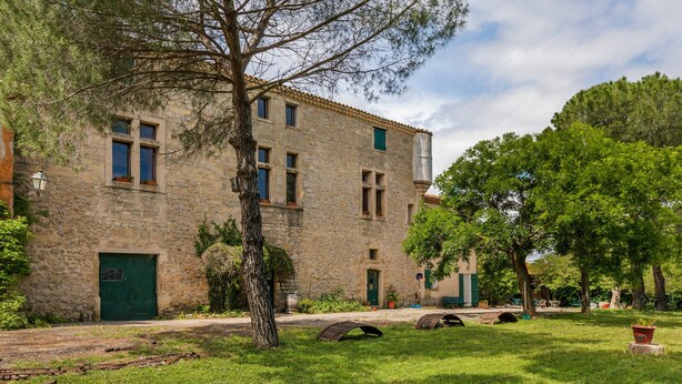 Un edificio de piedra con puerta verde, patio cubierto de césped y árboles.