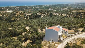 A modern house with a red roof, surrounded by olive groves and a coastal view. - Splendid Holiday Home With Swimming Pool (Rethymno)