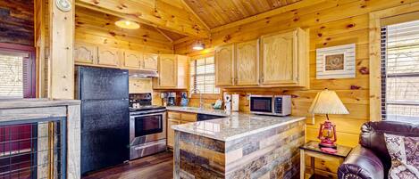 Cabin, Multiple Beds, Hot Tub, Mountain View | Private kitchen | Fridge, microwave, stovetop, dishwasher