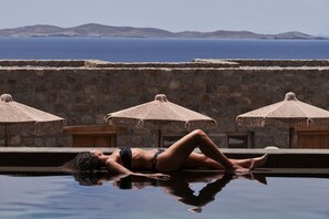 Outdoor pool, pool umbrellas, pool loungers