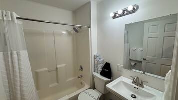 A modern bathroom with a walk-in shower, toilet, and sink.