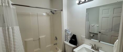 A modern bathroom with a walk-in shower, toilet, and sink.