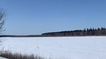 A frozen landscape with a clear sky, a snow-covered field, and a line of trees in the distance.