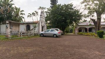 A paved driveway leading to a building with a bell tower, surrounded by palm trees and greenery.