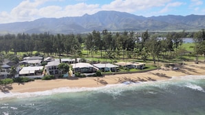 A coastal property with beachfront houses, a sandy beach, and a mountainous backdrop.
