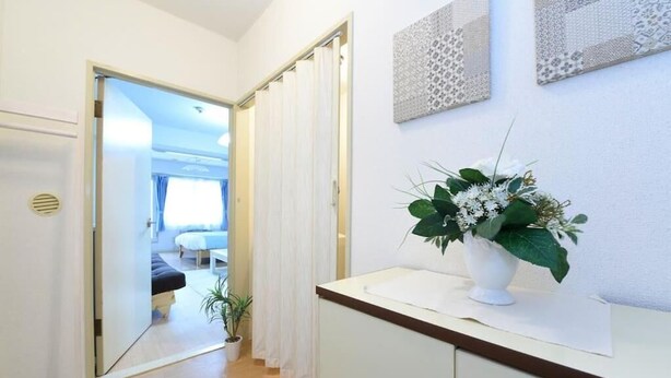 A hallway with a bed, a potted plant, and a white cabinet with a vase of flowers. - Kentaku29 BLD. 72 (Sapporo)