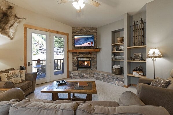 TV, fireplace, books