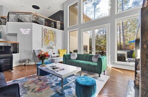 Smart TV, chimenea, reproductor de DVD y libros 