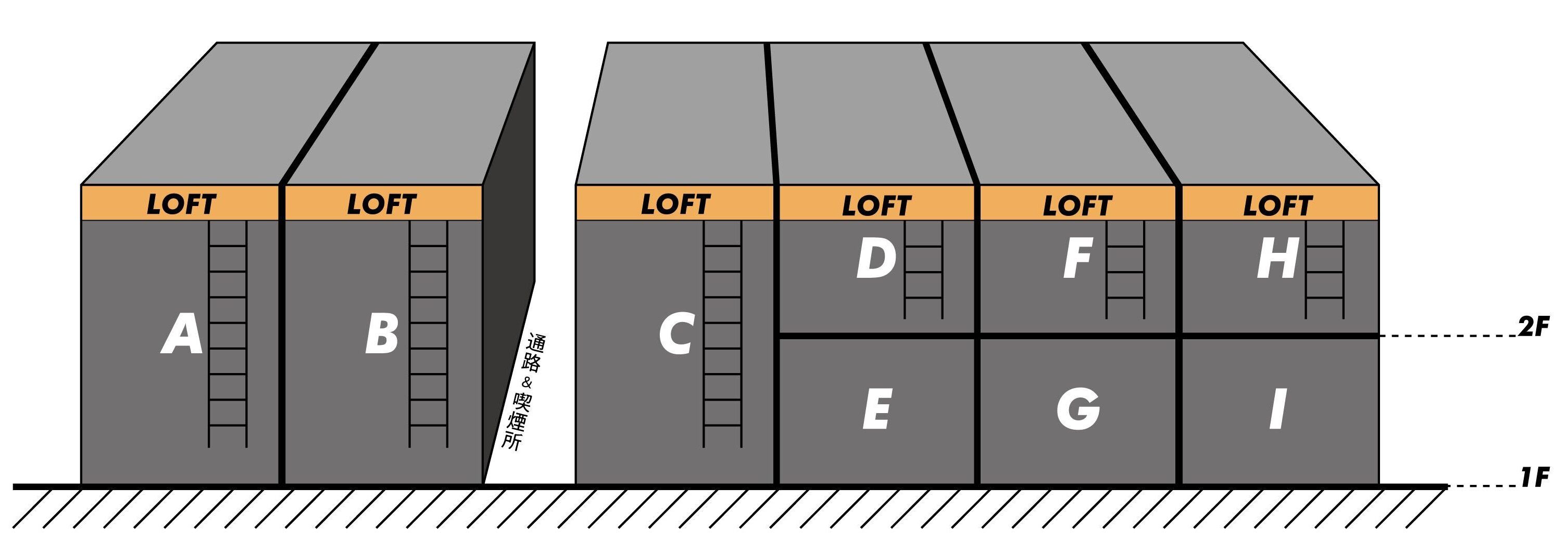 A building with multiple floors, each labeled with letters A to I. Each floor has a loft area at the top.