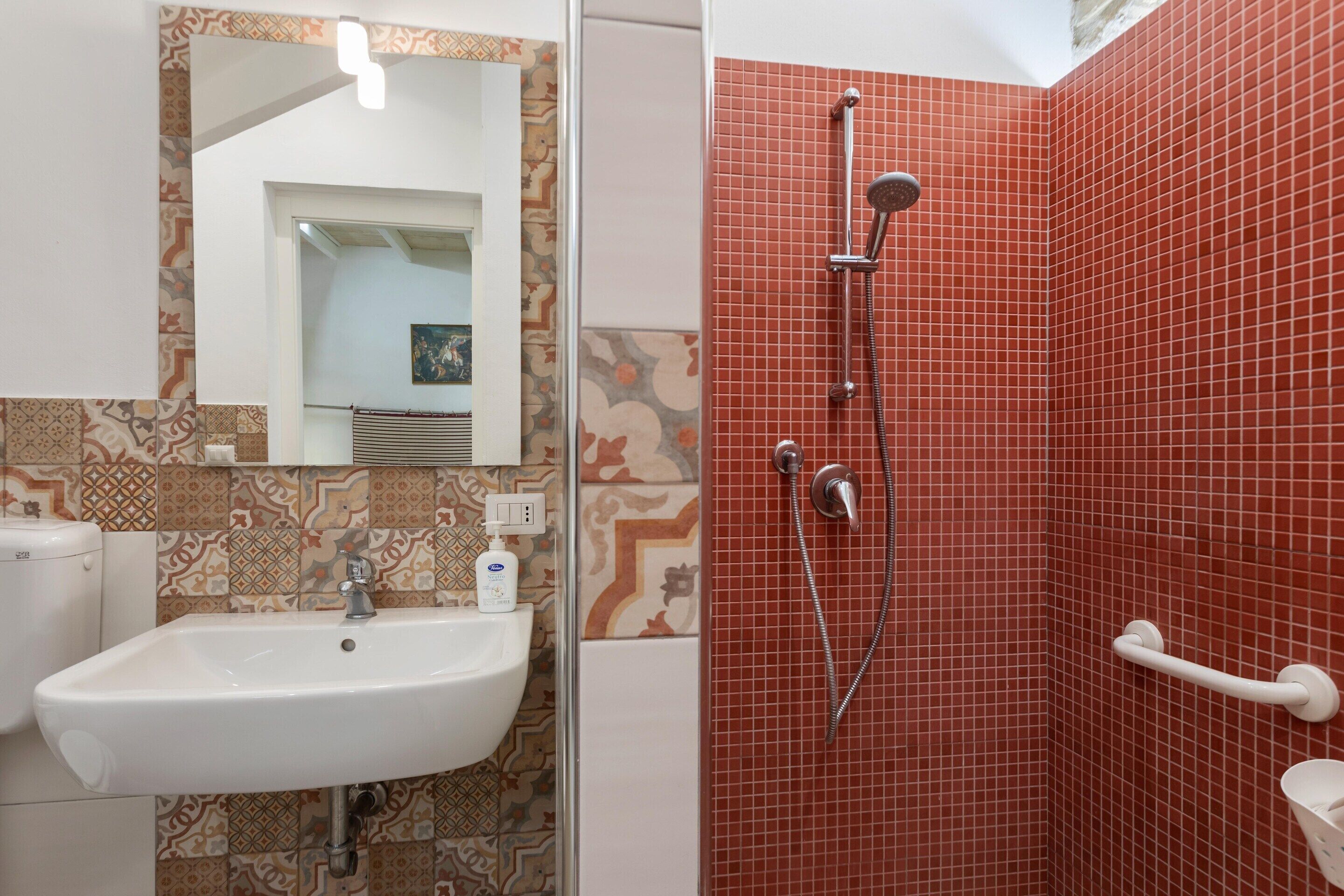 A bathroom with a white sink, a mirror, and a shower with a red tiled wall.