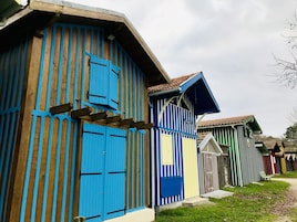 Una hilera de casas de madera de colores con estilos arquitectónicos variados, incluyendo una casa azul destacada con techo inclinado.