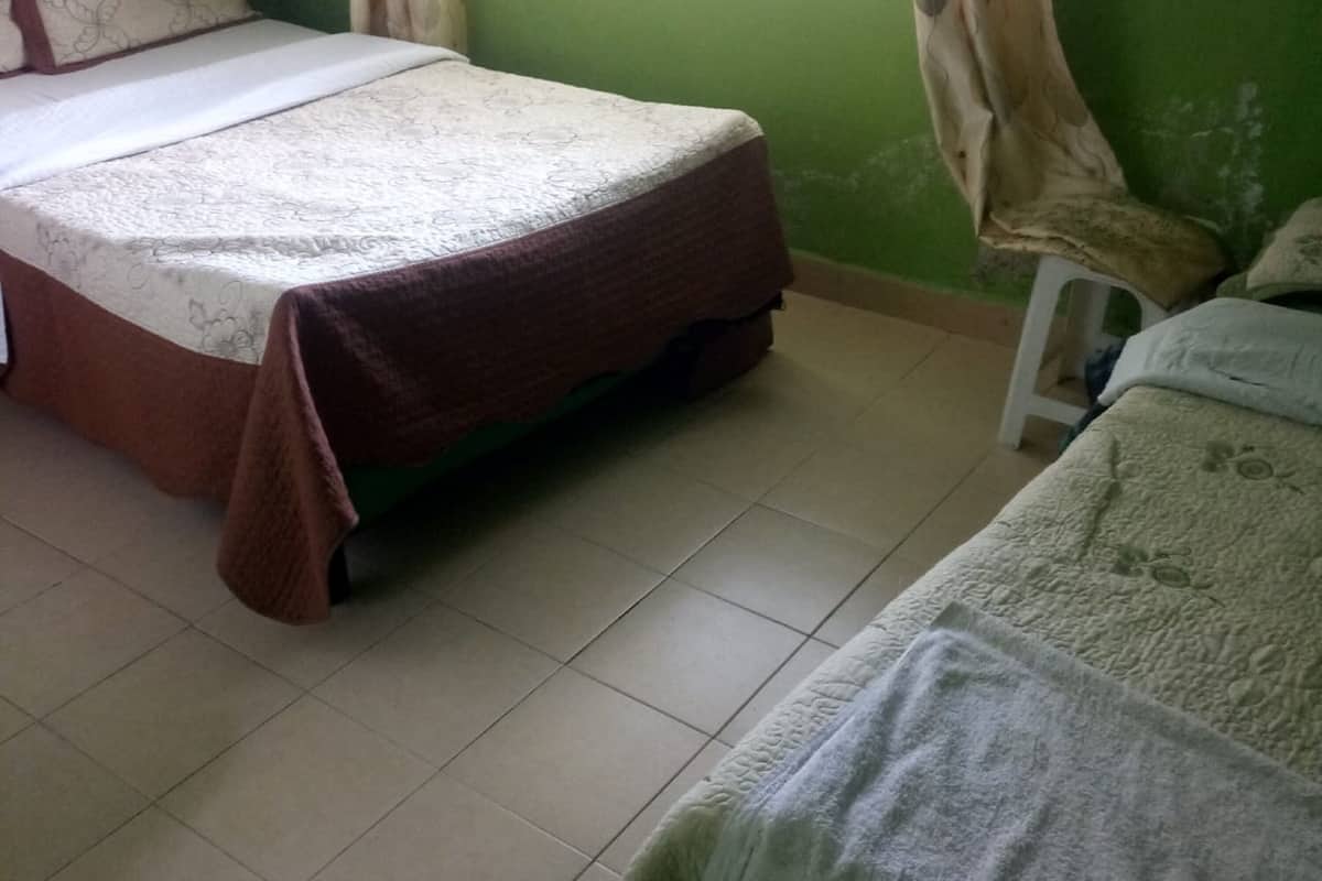 A room with two beds, a green wall, and a window with curtains.