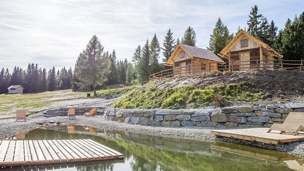 A cabin with a stone retaining wall and a wooden dock extending into a pond. - Cozy Chalet in Weisspriach With Terrace (Weisspriach)